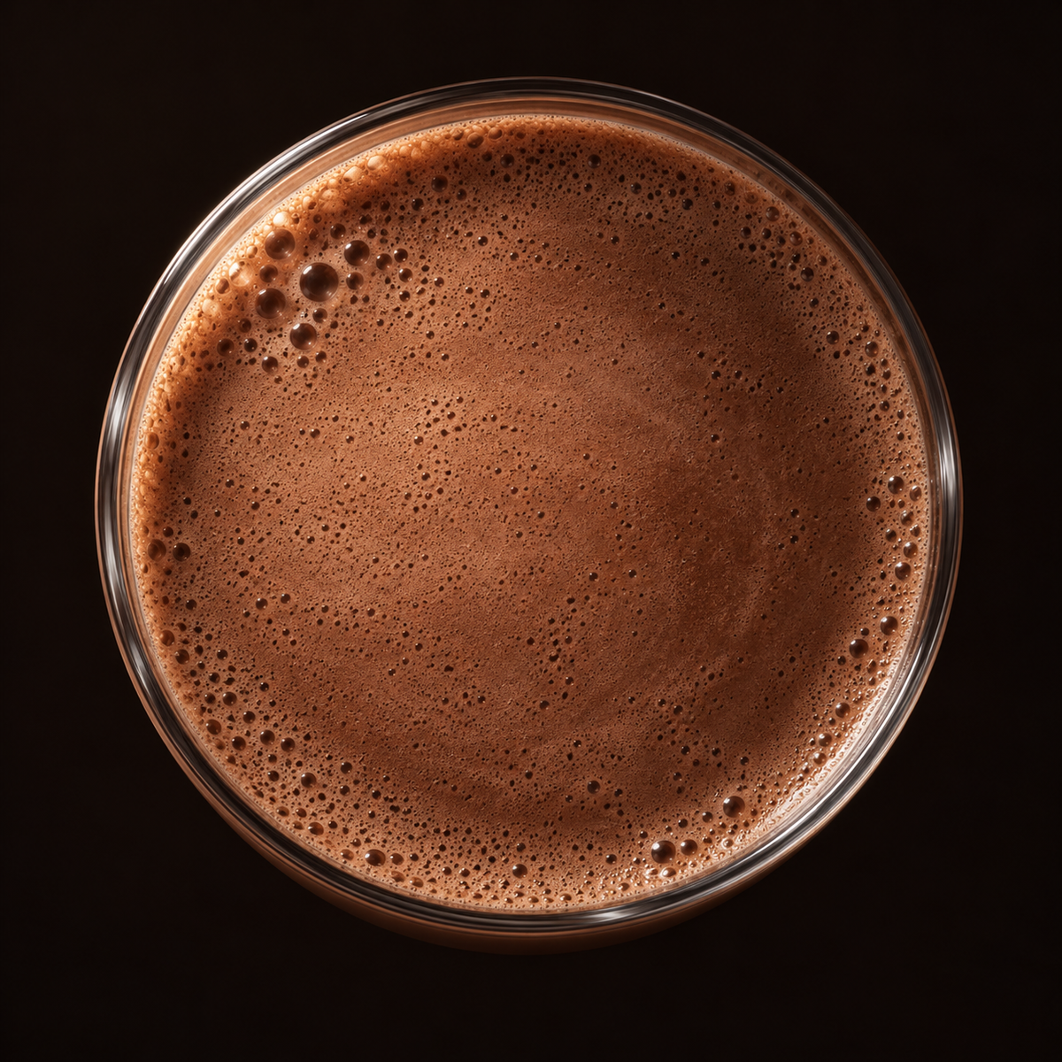Ein Glas mit cremigem Kakao von oben
