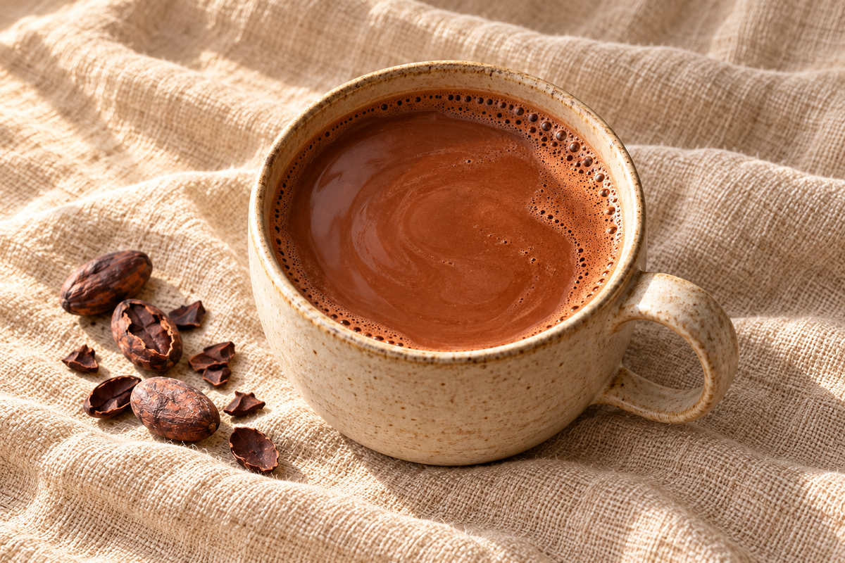 Keramiktasse mit Kakao und Kakaobohnen auf natürlichem Leinen