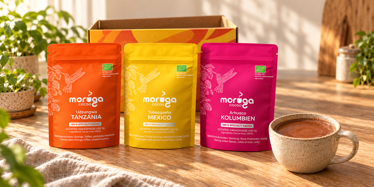 Drei Moruga Kakaos mit Discovery Box und Keramiktasse auf einem Holztisch