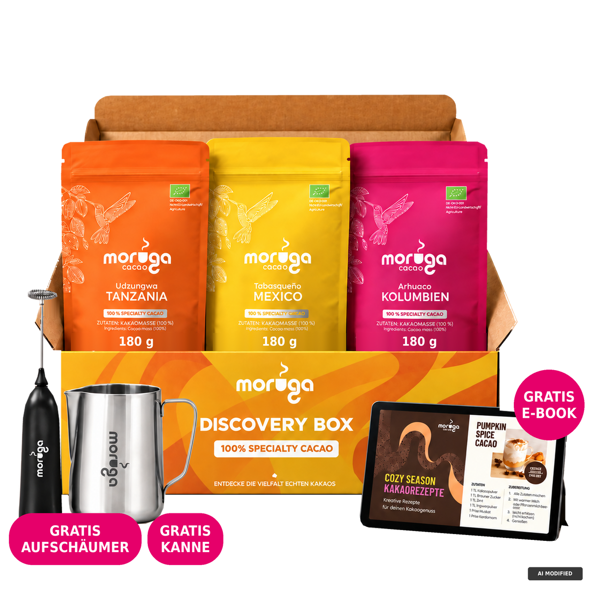 Starterkit Plus mit drei Sorten Bio-Kakao à 180 g, Aufschäumer, Barista-Kanne und gratis Rezepte-E-Book